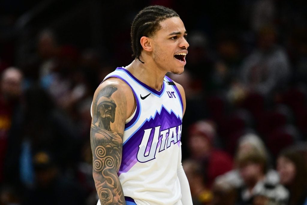 Jan 12, 2026; Cleveland, Ohio, USA; Utah Jazz guard Keyonte George (3) reacts after the game against the Cleveland Cavaliers at Rocket Arena. Mandatory Credit: Ken Blaze-Imagn Images