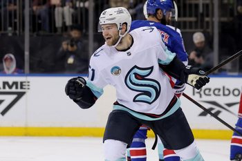 Jan 12, 2026; New York, New York, USA; Seattle Kraken center Shane Wright (51) celebrates his goal against the New York Rangers during the third period at Madison Square Garden. Mandatory Credit: Brad Penner-Imagn Images