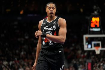 Jan 12, 2026; Toronto, Ontario, CAN; Toronto Raptors guard Scottie Barnes (4) during a break in the action against the Philadelphia 76ers during the second half at Scotiabank Arena. Mandatory Credit: John E. Sokolowski-Imagn Images