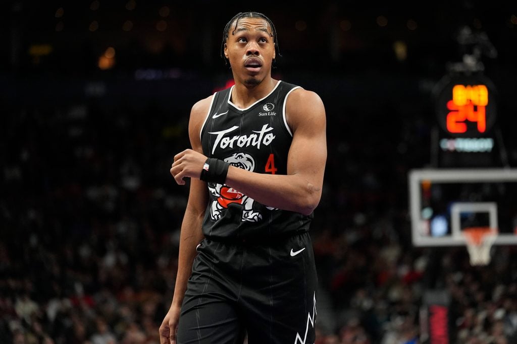 Jan 12, 2026; Toronto, Ontario, CAN; Toronto Raptors guard Scottie Barnes (4) during a break in the action against the Philadelphia 76ers during the second half at Scotiabank Arena. Mandatory Credit: John E. Sokolowski-Imagn Images