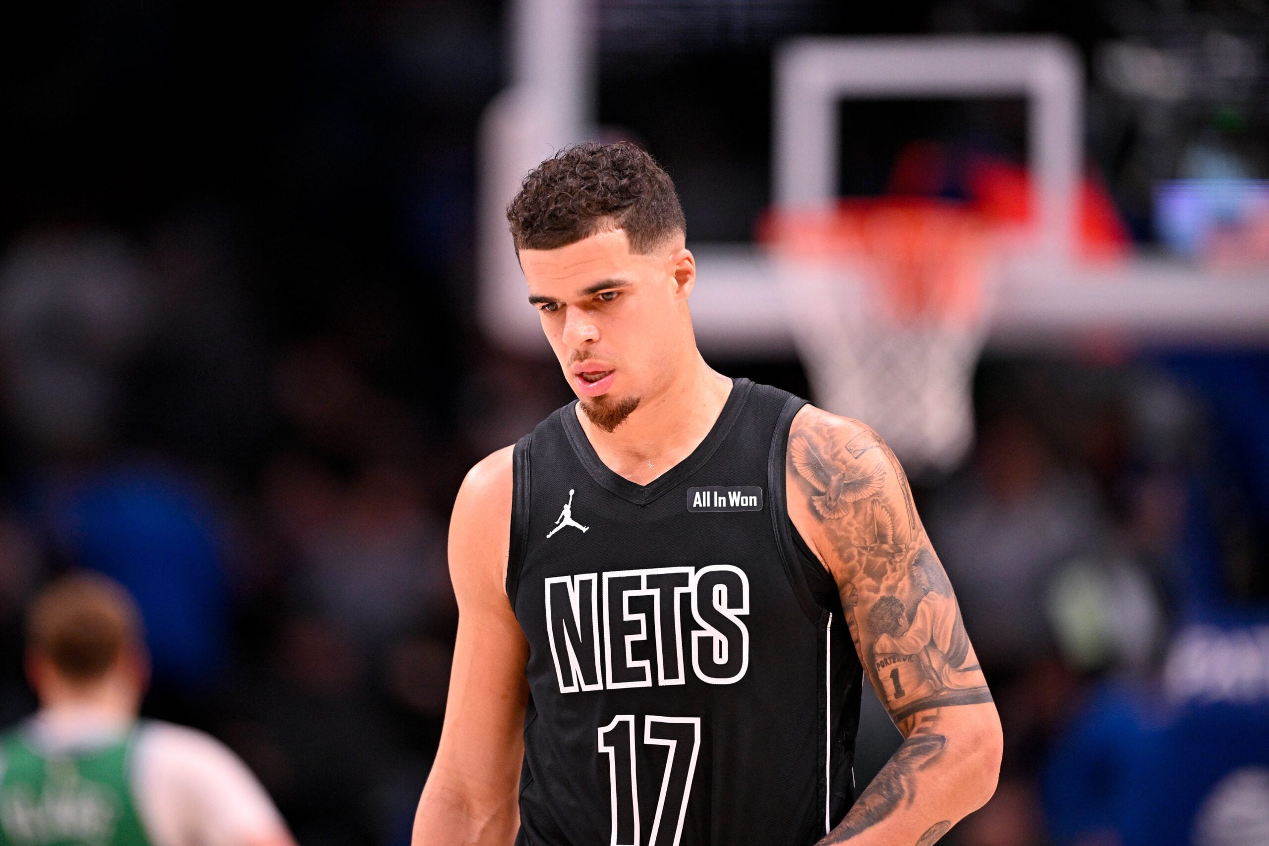Jan 12, 2026; Dallas, Texas, USA; Brooklyn Nets forward Michael Porter Jr. (17) walks back up the court at the end of the game against the Dallas Mavericks at the American Airlines Center. Mandatory Credit: Jerome Miron-Imagn Images