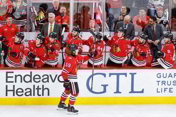 Jan 12, 2026; Chicago, Illinois, USA; Chicago Blackhawks left wing Tyler Bertuzzi (59) celebrates with teammates after scoring against the Edmonton Oilers during the third period at United Center. Mandatory Credit: Kamil Krzaczynski-Imagn Images