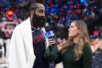Jan 12, 2026; Inglewood, California, USA; FanDuel Sports Network reporter Jaime Maggio interviews LA Clippers guard James Harden (1) after the game against the Charlotte Hornets at the Intuit Dome. Mandatory Credit: Kirby Lee-Imagn Images