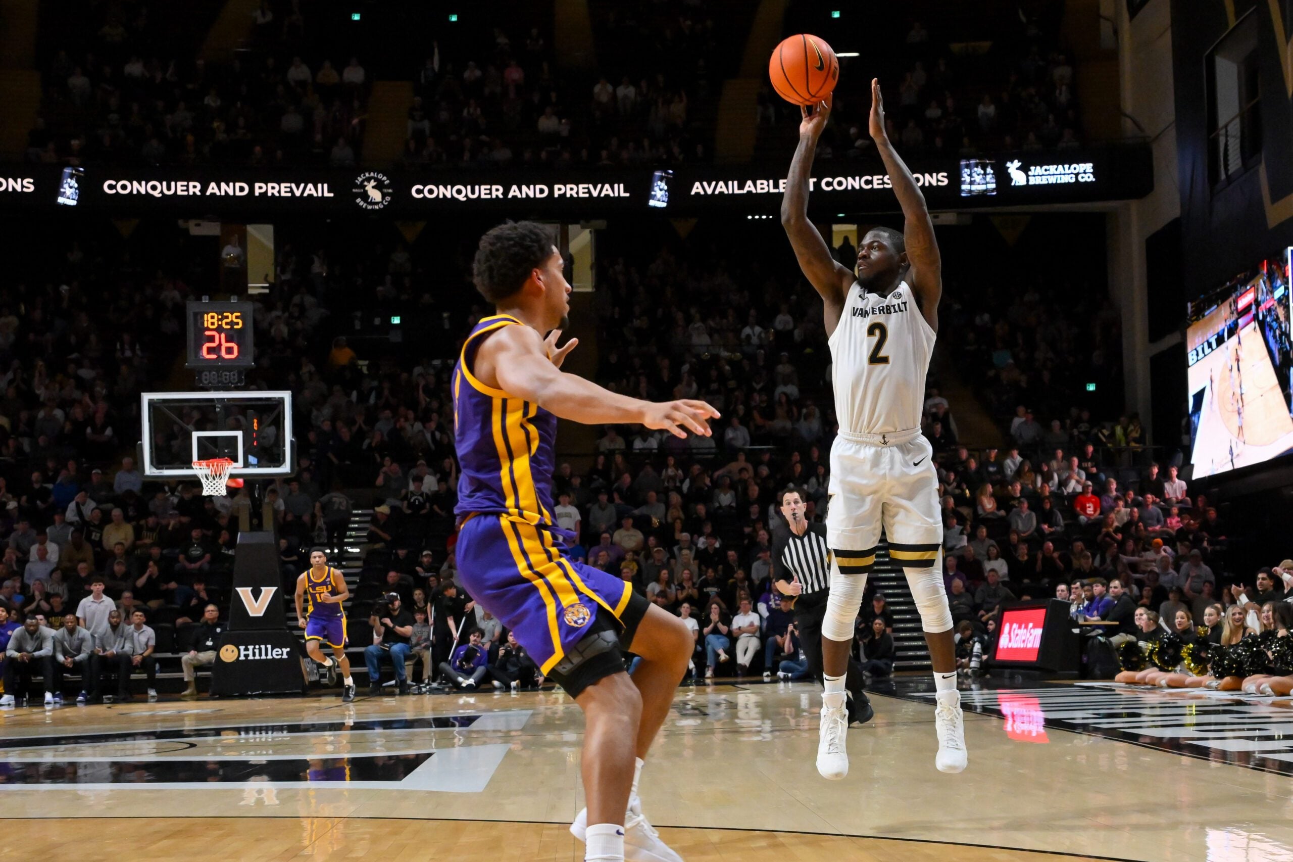 Jan 10, 2026; Nashville, Tennessee, USA;  Vanderbilt Commodores guard Duke Miles (2) shoots a three point basket against the Louisiana State Tigers during the second half at Memorial Gymnasium. Mandatory Credit: Steve Roberts-Imagn Images