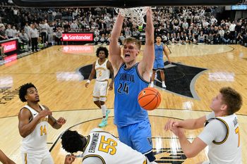 Jan 13, 2026; Providence, Rhode Island, USA; Villanova Wildcats forward Duke Brennan (24) reacts after dunking the ball against the Providence Friars during the second half at Amica Mutual Pavilion. Mandatory Credit: Eric Canha-Imagn Images