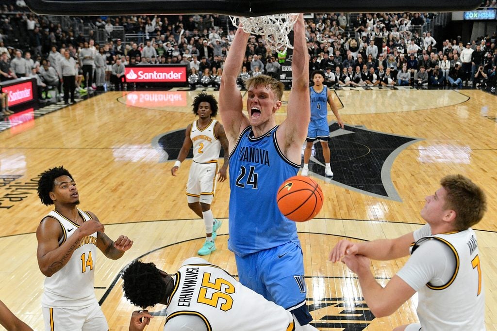 Jan 13, 2026; Providence, Rhode Island, USA; Villanova Wildcats forward Duke Brennan (24) reacts after dunking the ball against the Providence Friars during the second half at Amica Mutual Pavilion. Mandatory Credit: Eric Canha-Imagn Images