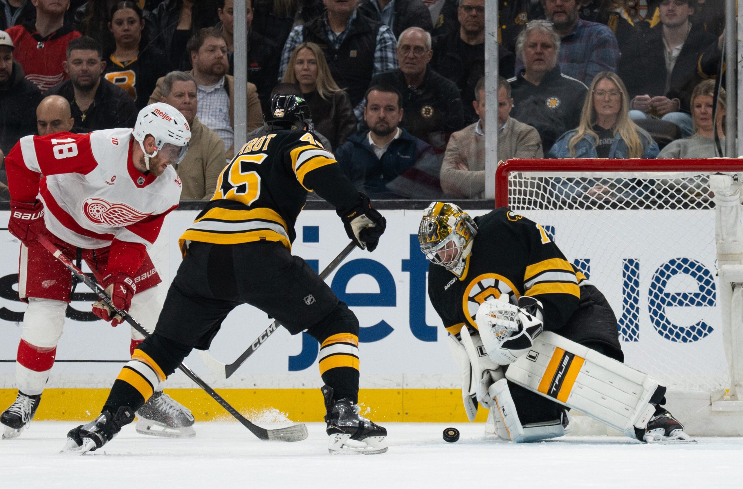 Jan 13, 2026; Boston, Massachusetts, USA; Boston Bruins goaltender Jeremy Swayman (1) makes a save during the first period against the Detroit Red Wings at TD Garden. Mandatory Credit: Natalie Reid-Imagn Images