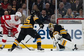 Jan 13, 2026; Boston, Massachusetts, USA; Boston Bruins goaltender Jeremy Swayman (1) makes a save during the first period against the Detroit Red Wings at TD Garden. Mandatory Credit: Natalie Reid-Imagn Images
