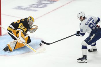 Jan 13, 2026; Pittsburgh, Pennsylvania, USA;  Tampa Bay Lightning right wing Nikita Kucherov (86) scores a game winning shootout goal against Pittsburgh Penguins goaltender Arturs Silovs (37) at PPG Paints Arena. Mandatory Credit: Charles LeClaire-Imagn Images
