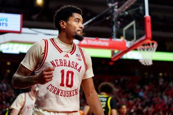 Jan 13, 2026; Lincoln, Nebraska, USA; Nebraska Cornhuskers guard Jamarques Lawrence (10) reacts after drawing a foul against the Oregon Ducks during the first half at Pinnacle Bank Arena. Mandatory Credit: Dylan Widger-Imagn Images