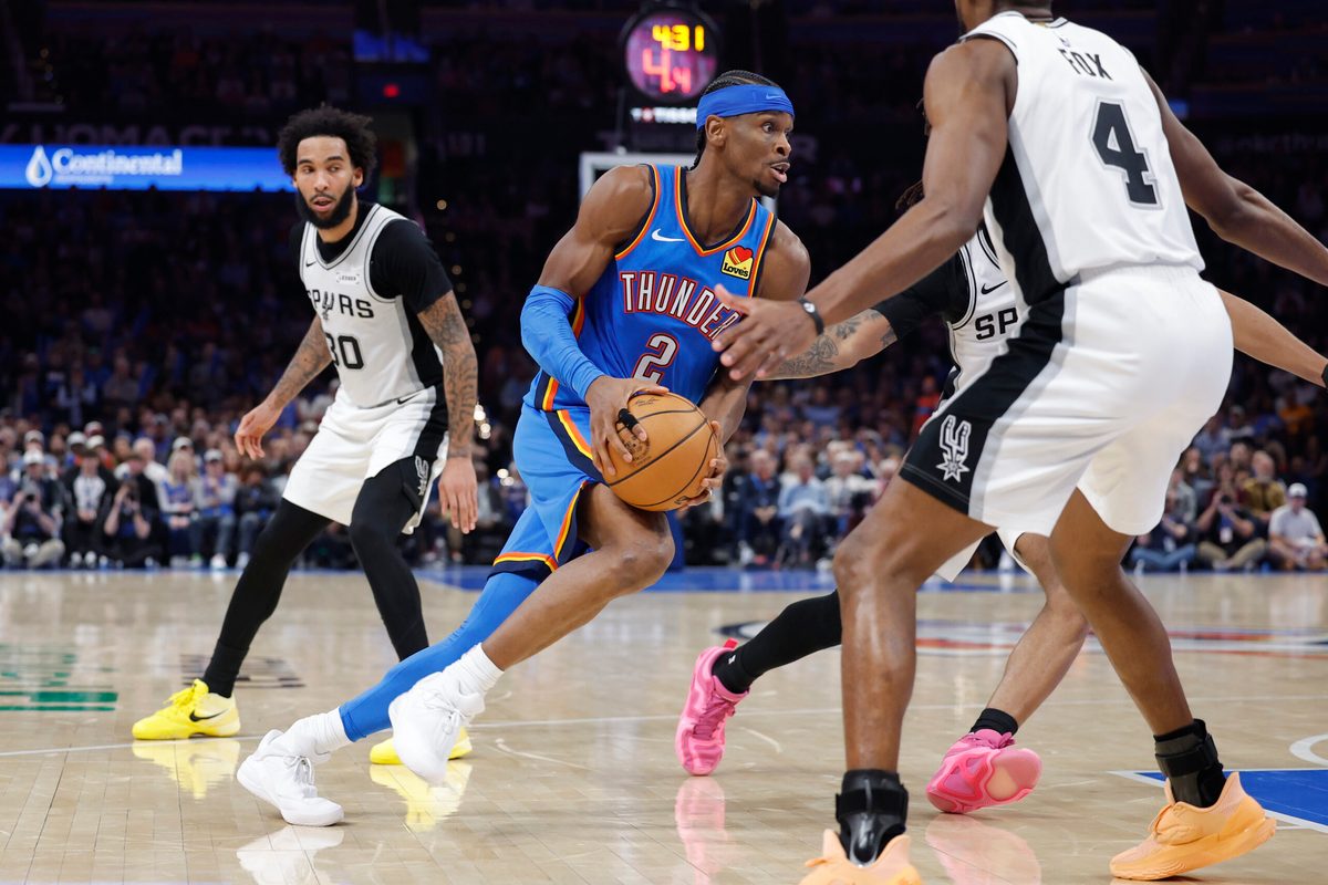 Jan 13, 2026; Oklahoma City, Oklahoma, USA; Oklahoma City Thunder guard Shai Gilgeous-Alexander (2) drives to the basket against the San Antonio Spurs during the second half at Paycom Center. Mandatory Credit: Alonzo Adams-Imagn Images