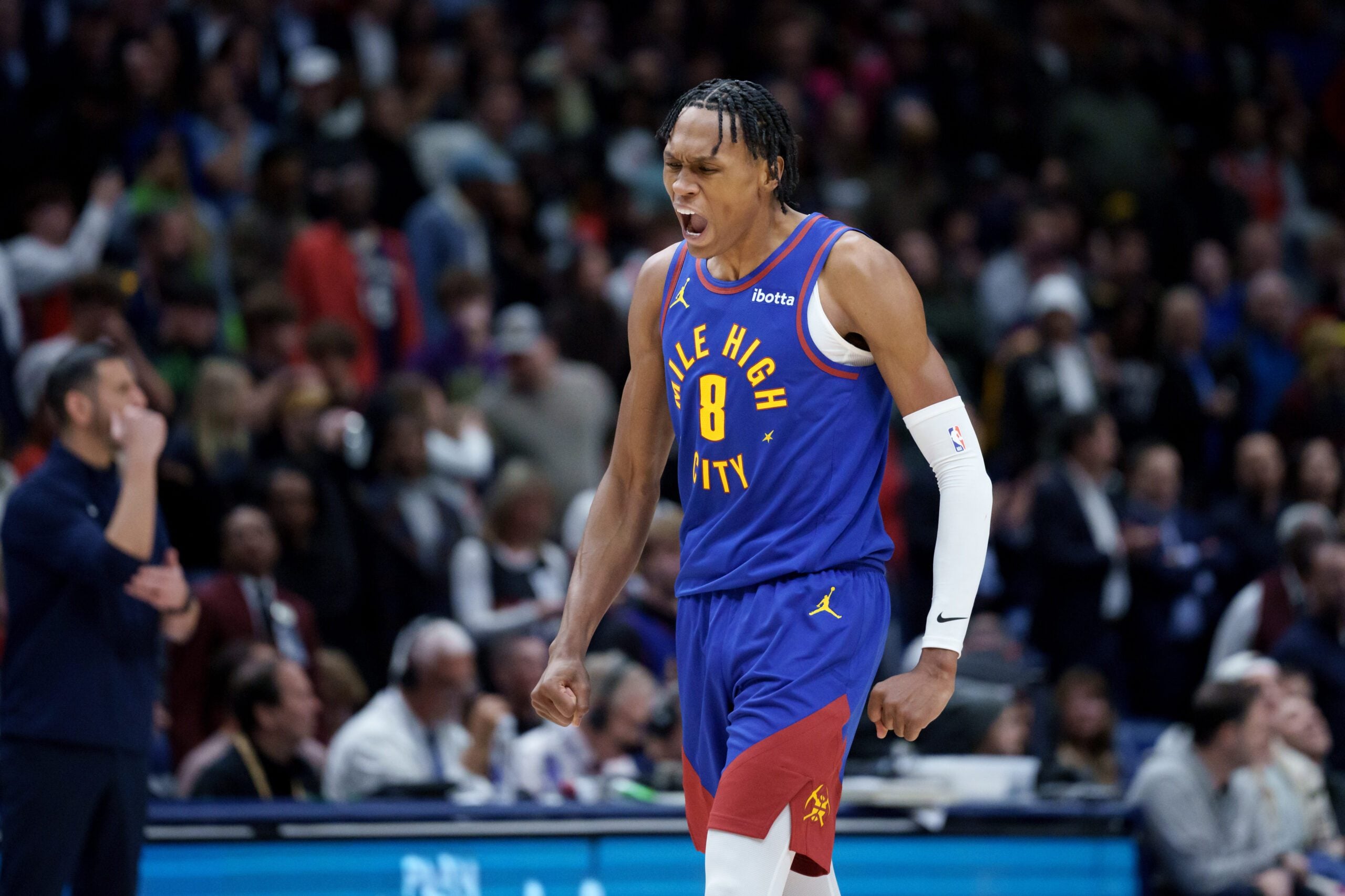 Jan 13, 2026; New Orleans, Louisiana, USA; Denver Nuggets guard Peyton Watson (8) reacts to making a basket against the New Orleans Pelicans during the fourth quarter at Smoothie King Center. Mandatory Credit: Matthew Hinton-Imagn Images