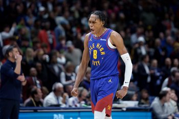 Jan 13, 2026; New Orleans, Louisiana, USA; Denver Nuggets guard Peyton Watson (8) reacts to making a basket against the New Orleans Pelicans during the fourth quarter at Smoothie King Center. Mandatory Credit: Matthew Hinton-Imagn Images