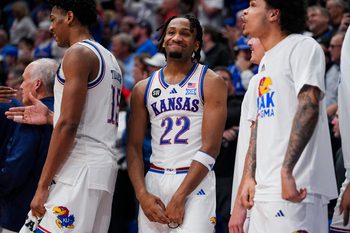 Jan 13, 2026; Lawrence, Kansas, USA; Kansas Jayhawks guard Darryn Peterson (22) reacts during the second half against the Iowa State Cyclones at Allen Fieldhouse. Mandatory Credit: Jay Biggerstaff-Imagn Images