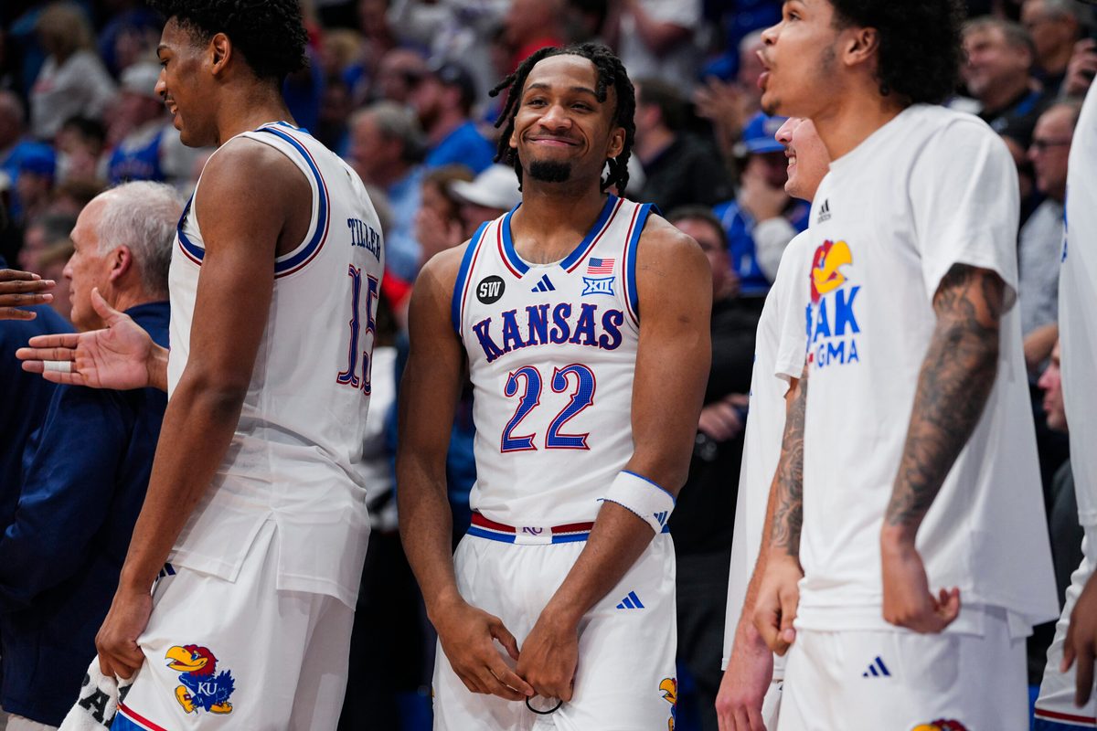 Jan 13, 2026; Lawrence, Kansas, USA; Kansas Jayhawks guard Darryn Peterson (22) reacts during the second half against the Iowa State Cyclones at Allen Fieldhouse. Mandatory Credit: Jay Biggerstaff-Imagn Images