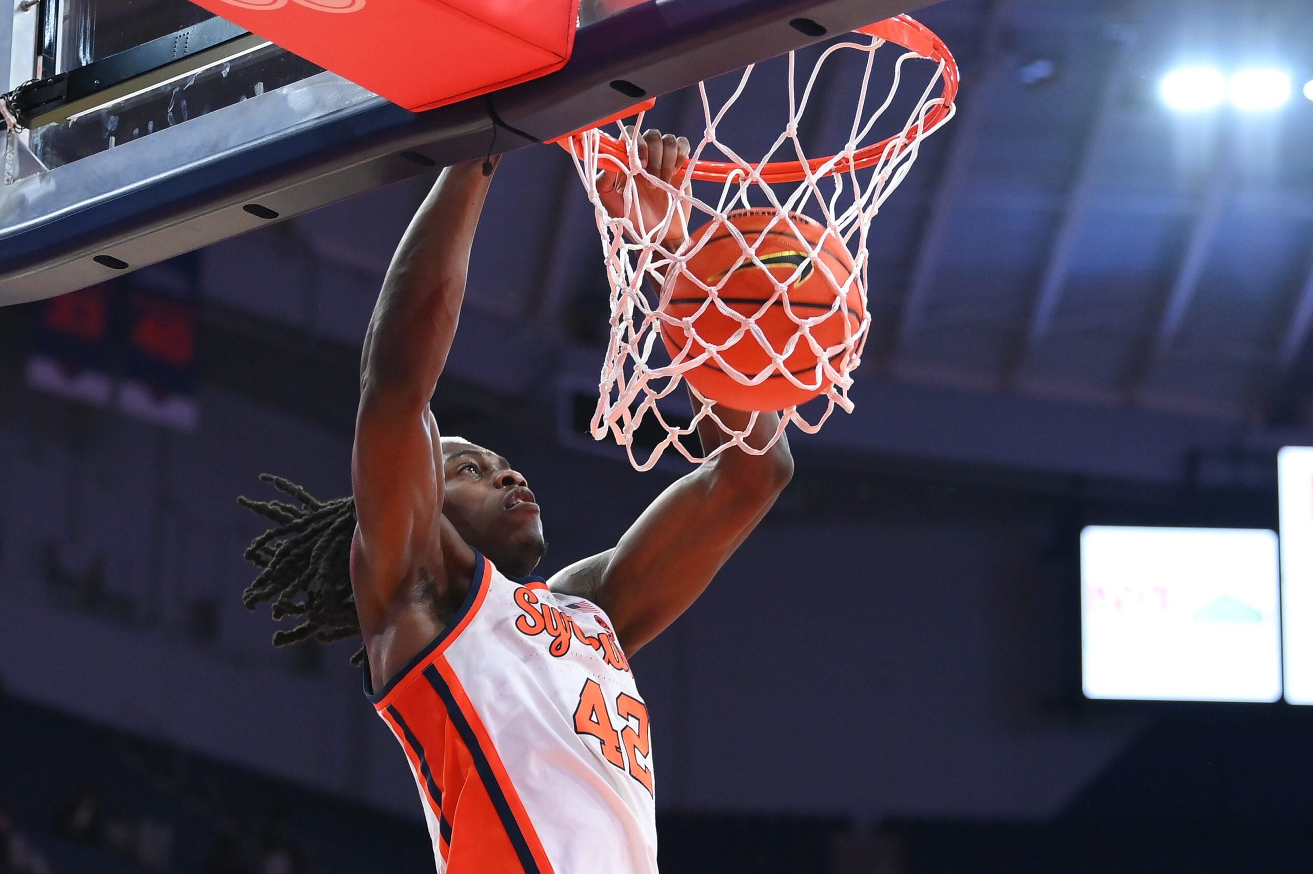 Jan 13, 2026; Syracuse, New York, USA; Syracuse Orange forward William Kyle III (42) dunks during the second half against the Florida State Seminoles at the JMA Wireless Dome. Mandatory Credit: Rich Barnes-Imagn Images