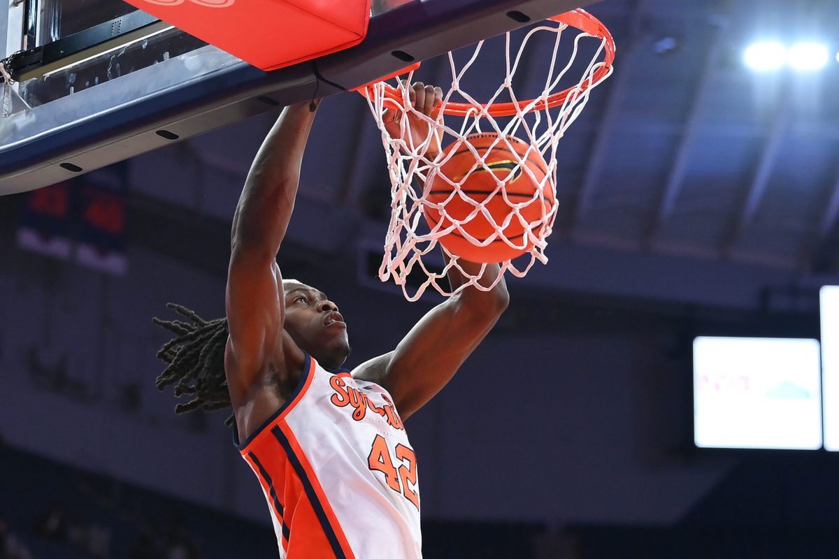 Jan 13, 2026; Syracuse, New York, USA; Syracuse Orange forward William Kyle III (42) dunks during the second half against the Florida State Seminoles at the JMA Wireless Dome. Mandatory Credit: Rich Barnes-Imagn Images