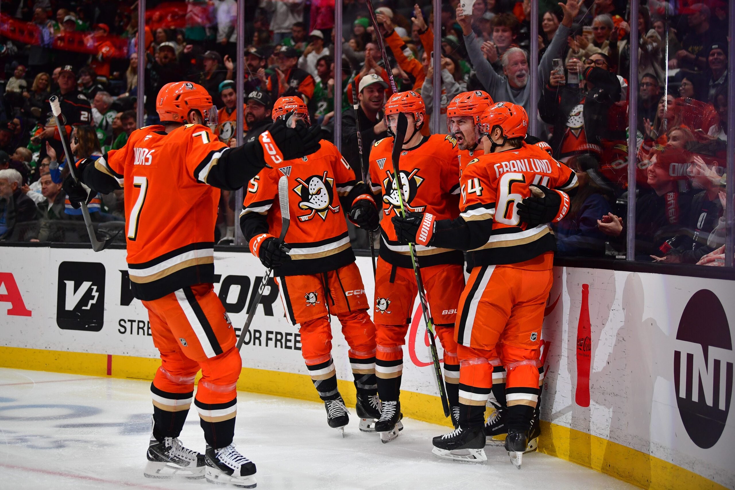 Jan 13, 2026; Anaheim, California, USA; Anaheim Ducks celebrate the goal scored by left wing Chris Kreider (20) against the Dallas Stars during the second period at Honda Center. Mandatory Credit: Gary A. Vasquez-Imagn Images