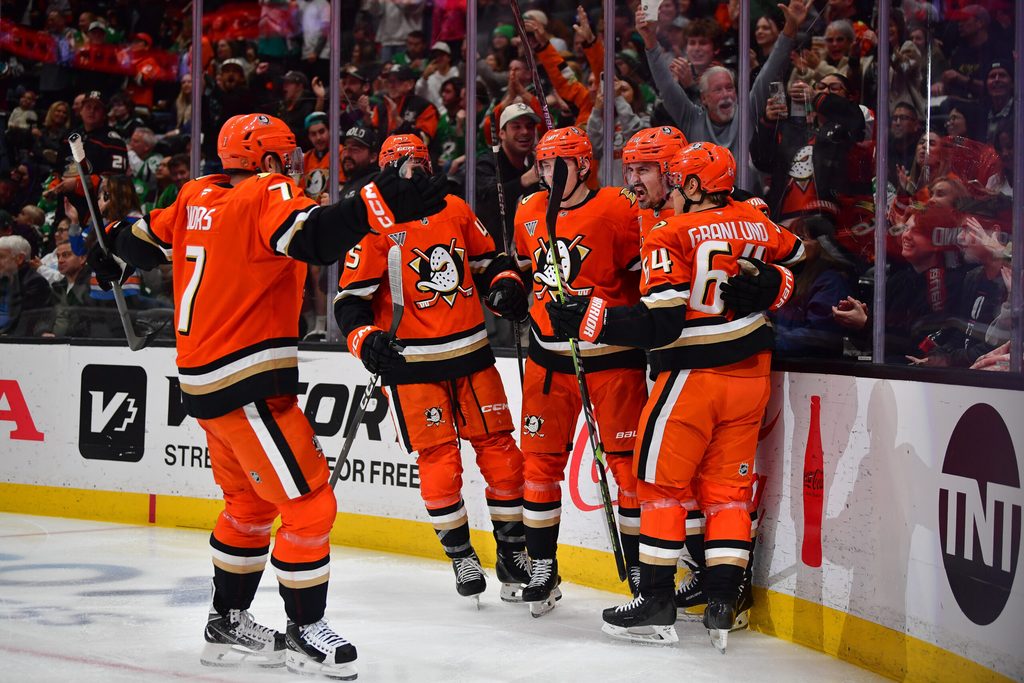 Jan 13, 2026; Anaheim, California, USA; Anaheim Ducks celebrate the goal scored by left wing Chris Kreider (20) against the Dallas Stars during the second period at Honda Center. Mandatory Credit: Gary A. Vasquez-Imagn Images