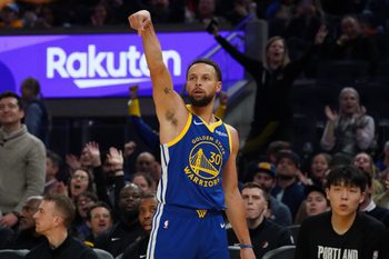 Jan 13, 2026; San Francisco, California, USA;  Golden State Warriors guard Stephen Curry (30) makes a three-point shot against the Portland Trail Blazers in the third quarter at Chase Center. Mandatory Credit: David Gonzales-Imagn Images