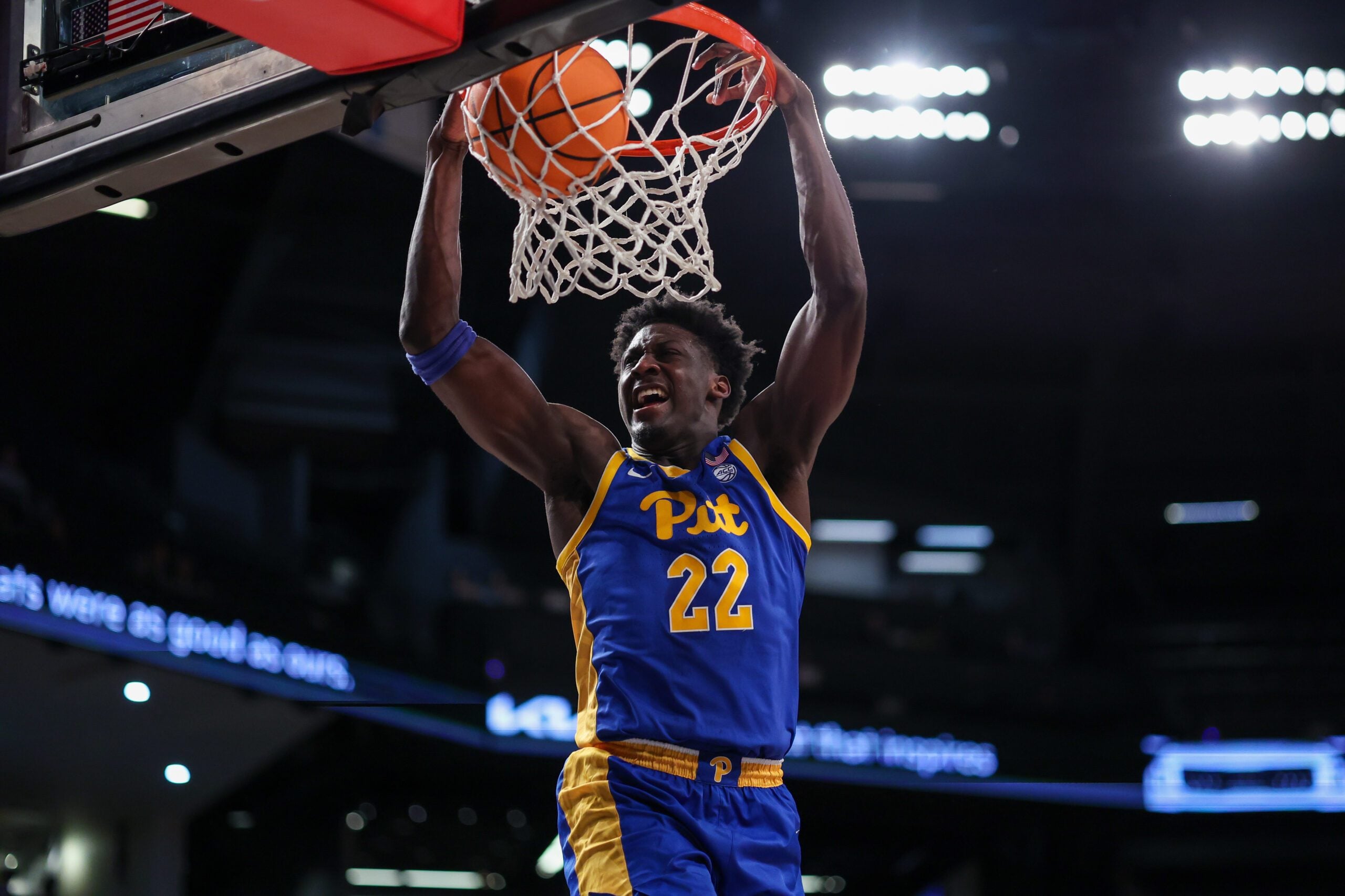 Jan 14, 2026; Atlanta, Georgia, USA; Pittsburgh Panthers guard Barry Dunning Jr. (22) dunks against the Georgia Tech Yellow Jackets in the first half at McCamish Pavilion. Mandatory Credit: Brett Davis-Imagn Images