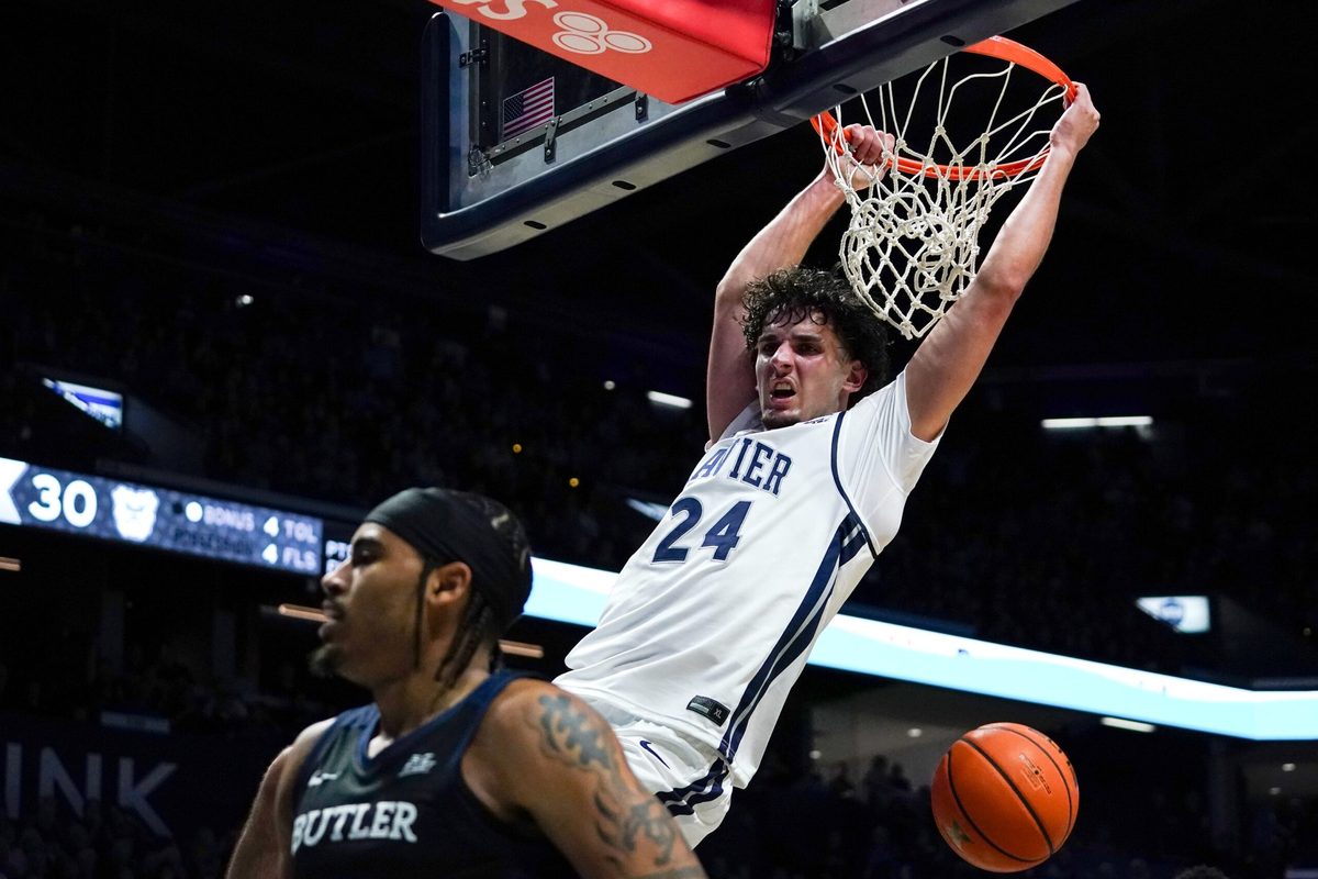 Xavier Musketeers forward Jovan Milicevic (24) dunks the ball in the first half of a NCAA men’s basketball game between the Xavier Musketeers and the Butler Bulldogs, Wednesday, Jan. 14, 2026, at Cintas Center in Cincinnati.