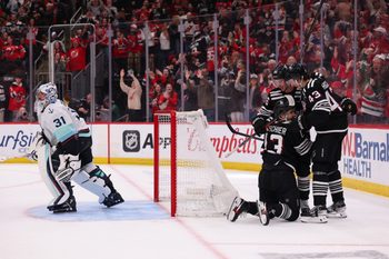 Jan 14, 2026; Newark, New Jersey, USA; New Jersey Devils center Nico Hischier (13) celebrates his game winning goal with his teammates against the Seattle Kraken during overtime at Prudential Center. Mandatory Credit: Ed Mulholland-Imagn Images