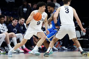 Jan 14, 2026; University Park, Pennsylvania, USA; Penn State Nittany Lions guard Melih Tunca (9) dribbles the ball towards the basket during the second half against the UCLA Bruins at Bryce Jordan Center. Mandatory Credit: Matthew O'Haren-Imagn Images