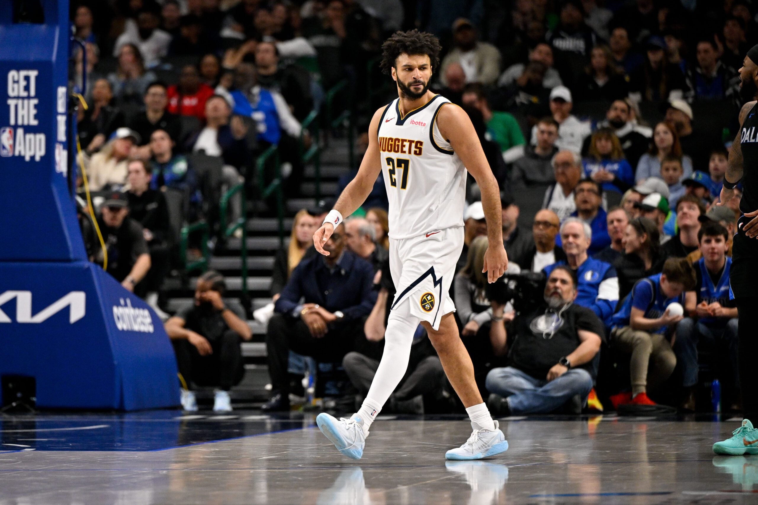 Jan 14, 2026; Dallas, Texas, USA; Denver Nuggets guard Jamal Murray (27) looks on after scoring a basket against the Dallas Mavericks during the second half at the American Airlines Center. Mandatory Credit: Jerome Miron-Imagn Images