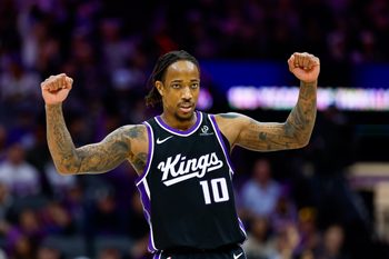 Jan 14, 2026; Sacramento, California, USA; Sacramento Kings guard DeMar DeRozan (10) celebrates after a basket during the third quarter against the New York Knicks at Golden 1 Center. Mandatory Credit: Sergio Estrada-Imagn Images
