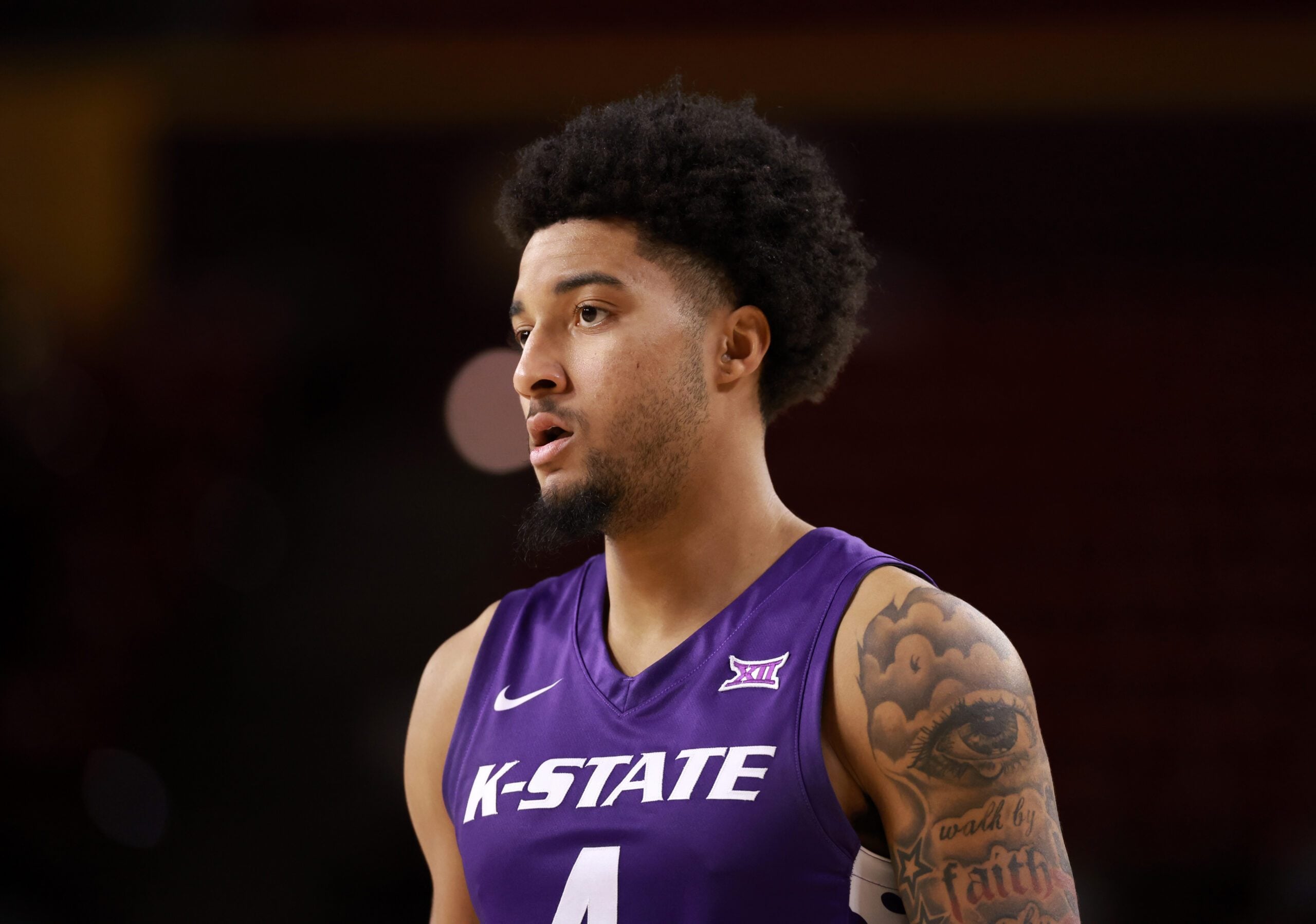 Jan 10, 2026; Tempe, Arizona, USA; Kansas State Wildcats guard P.J. Haggerty (4) against the Arizona State Sun Devils at Desert Financial Arena. Mandatory Credit: Mark J. Rebilas-Imagn Images