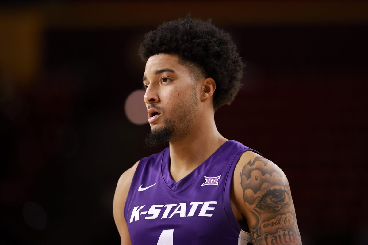 Jan 10, 2026; Tempe, Arizona, USA; Kansas State Wildcats guard P.J. Haggerty (4) against the Arizona State Sun Devils at Desert Financial Arena. Mandatory Credit: Mark J. Rebilas-Imagn Images