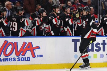 Jan 15, 2026; Buffalo, New York, USA;  Buffalo Sabres center Tage Thompson (72) celebrates his third goal of the game with teammates during the third period against the Montréal Canadiens at KeyBank Center. Mandatory Credit: Timothy T. Ludwig-Imagn Images