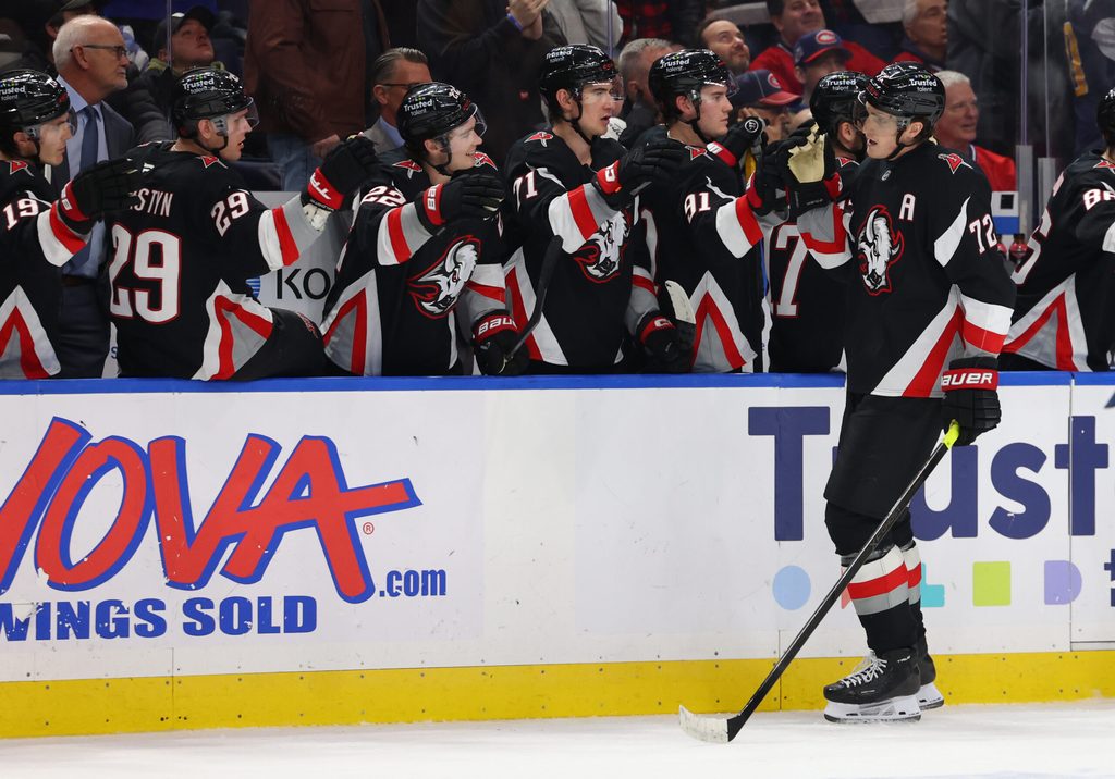 Jan 15, 2026; Buffalo, New York, USA; Buffalo Sabres center Tage Thompson (72) celebrates his third goal of the game with teammates during the third period against the Montréal Canadiens at KeyBank Center. Mandatory Credit: Timothy T. Ludwig-Imagn Images