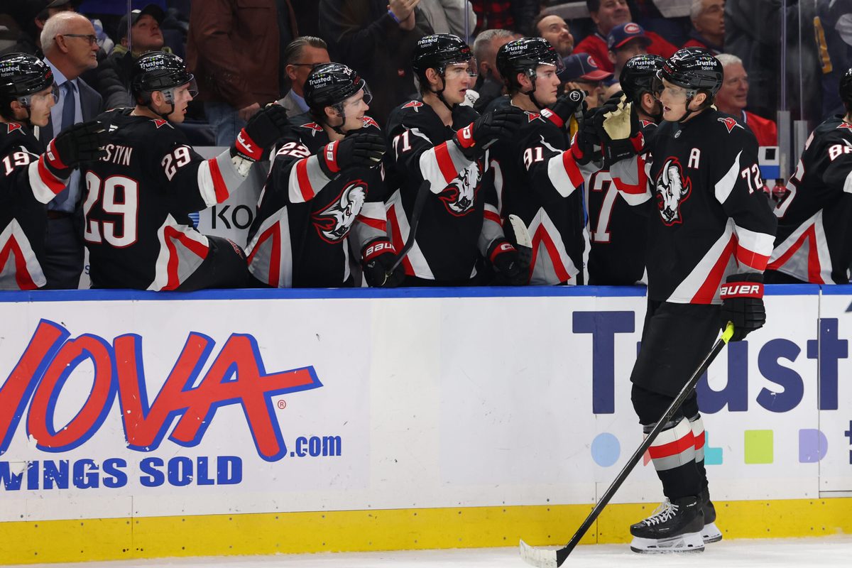 Jan 15, 2026; Buffalo, New York, USA; Buffalo Sabres center Tage Thompson (72) celebrates his third goal of the game with teammates during the third period against the Montréal Canadiens at KeyBank Center. Mandatory Credit: Timothy T. Ludwig-Imagn Images