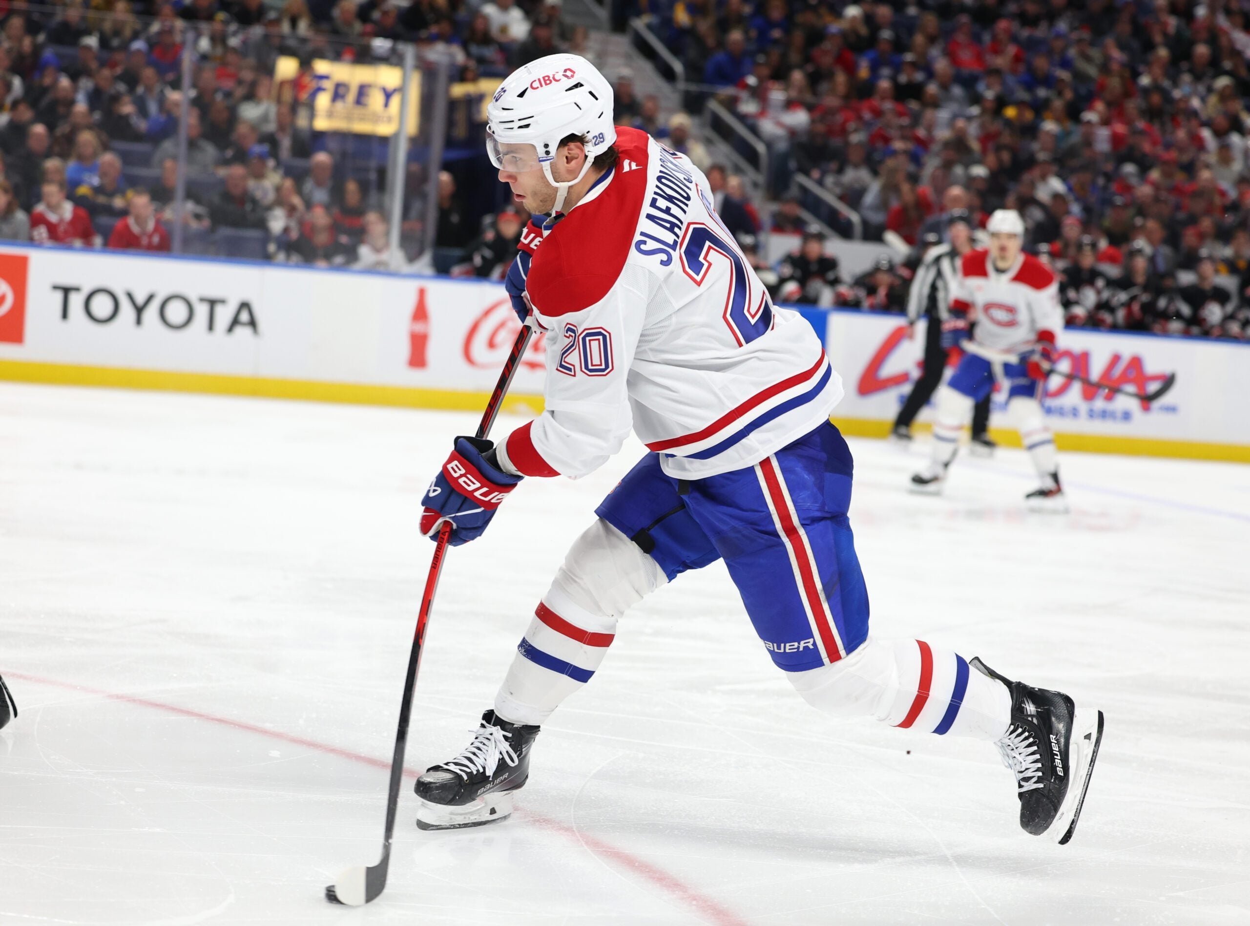 Jan 15, 2026; Buffalo, New York, USA;  Buffalo Sabres center Jiri Kulich (20) takes a shot on goal during the third period against the Buffalo Sabres at KeyBank Center. Mandatory Credit: Timothy T. Ludwig-Imagn Images