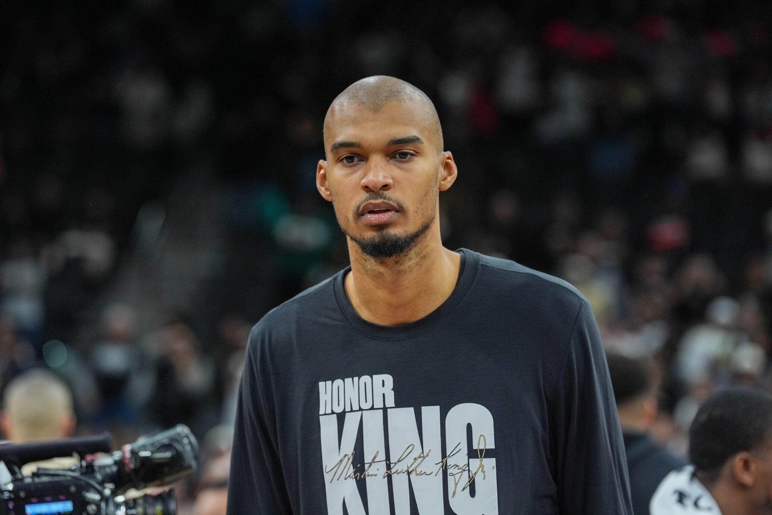 Jan 15, 2026; San Antonio, Texas, USA;  San Antonio Spurs forward/center Victor Wembanyama (1) after the game against the Milwaukee Bucks at Frost Bank Center. Mandatory Credit: Daniel Dunn-Imagn Images
