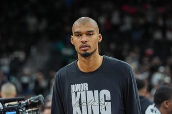 Jan 15, 2026; San Antonio, Texas, USA;  San Antonio Spurs forward/center Victor Wembanyama (1) after the game against the Milwaukee Bucks at Frost Bank Center. Mandatory Credit: Daniel Dunn-Imagn Images