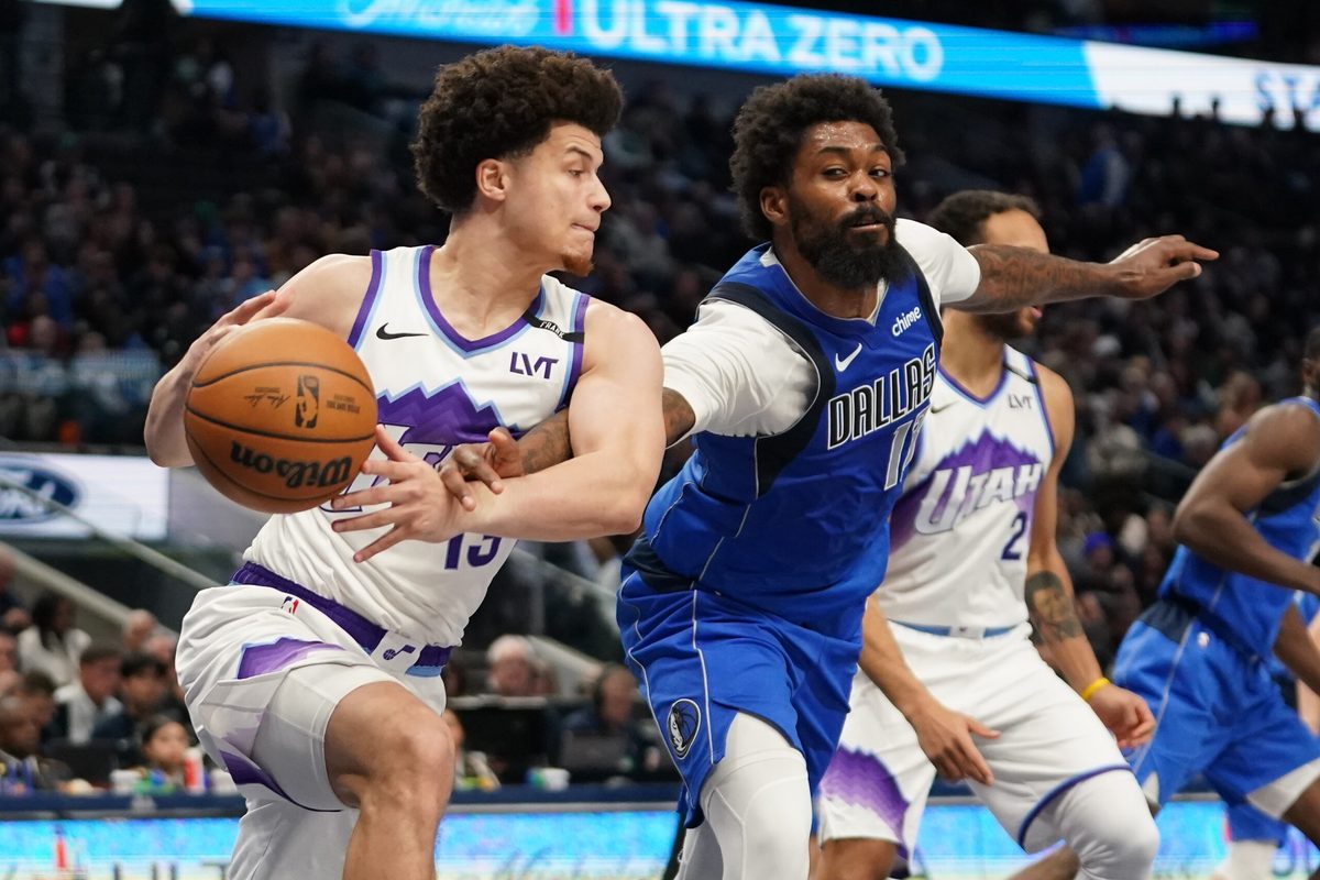 Jan 15, 2026; Dallas, Texas, USA; Dallas Mavericks forward Naji Marshall (13) makes the steal on Utah Jazz guard Walter Clayton Jr. (13) during the second half at American Airlines Center. Mandatory Credit: Raymond Carlin III-Imagn Images
