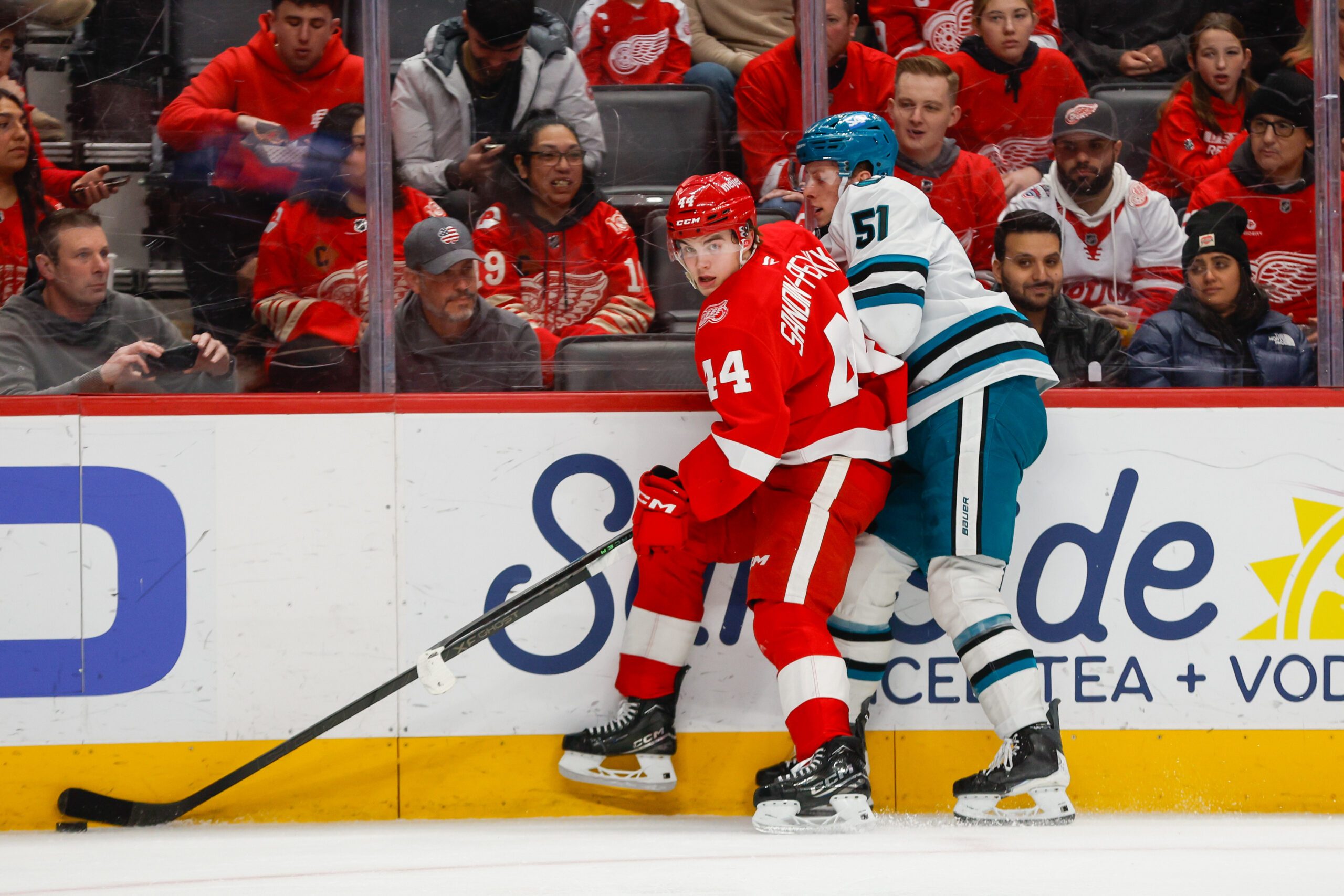 Jan 16, 2026; Detroit, Michigan, USA; Detroit Red Wings defenseman Axel Sandin-Pellikka (44) handles the puck against San Jose Sharks right wing Collin Graf (51) during the first period at Little Caesars Arena. Mandatory Credit: Brian Bradshaw Sevald-Imagn Images