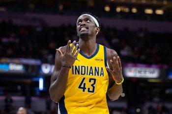 Jan 16, 2026; Indianapolis, Indiana, USA;  Indiana Pacers forward Pascal Siakam (43) in the second half against the New Orleans Pelicans at Gainbridge Fieldhouse. Mandatory Credit: Trevor Ruszkowski-Imagn Images