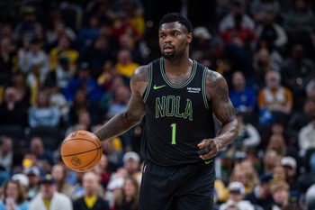 Jan 16, 2026; Indianapolis, Indiana, USA;  New Orleans Pelicans forward Zion Williamson (1) dribbles the ball in the second half against the Indiana Pacers at Gainbridge Fieldhouse. Mandatory Credit: Trevor Ruszkowski-Imagn Images