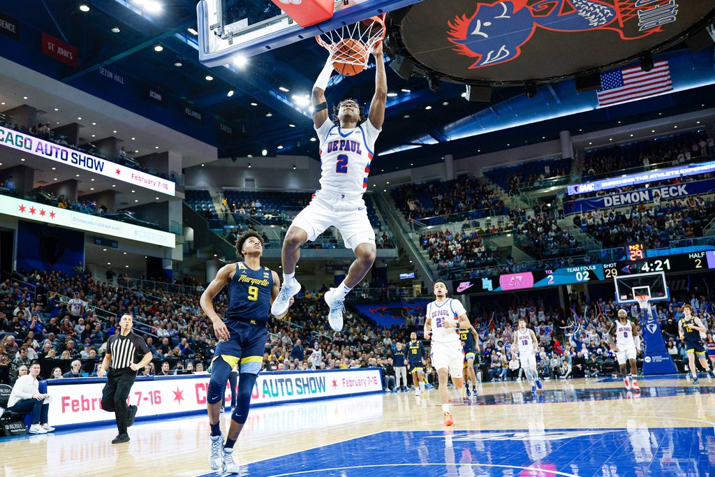 Jan 16, 2026; Chicago, Illinois, USA; DePaul Blue Demons guard Layden Blocker (2) scores against the Marquette Golden Eagles during the second half at Wintrust Arena. Mandatory Credit: Kamil Krzaczynski-Imagn Images