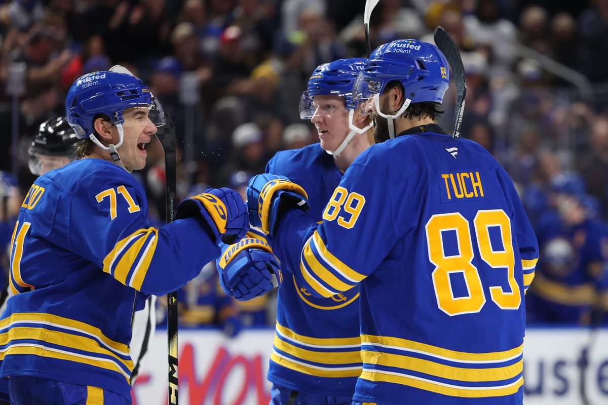 Jan 17, 2026; Buffalo, New York, USA;  Buffalo Sabres right wing Alex Tuch (89) celebrates his goal with teammates during the second period against the Minnesota Wild at KeyBank Center. Mandatory Credit: Timothy T. Ludwig-Imagn Images