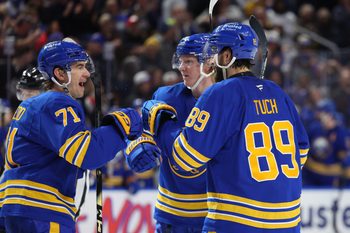 Jan 17, 2026; Buffalo, New York, USA;  Buffalo Sabres right wing Alex Tuch (89) celebrates his goal with teammates during the second period against the Minnesota Wild at KeyBank Center. Mandatory Credit: Timothy T. Ludwig-Imagn Images