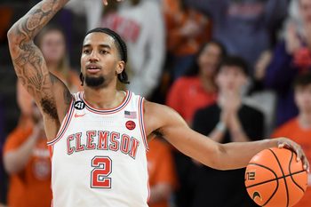 Clemson Tigers guard Dillon Hunter (2) pumps up the crowd Saturday, Jan. 17, 2026, during the NCAA men’s basketball game against the Miami Hurricanes at Littlejohn Coliseum in Clemson, South Carolina. Clemson Tigers won 69-59.