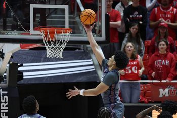 Jan 17, 2026; Salt Lake City, Utah, USA; TCU Horned Frogs forward David Punch (15) goes for a layup against the Utah Utes during the second half at Jon M. Huntsman Center. Mandatory Credit: Rob Gray-Imagn Images