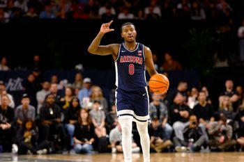 Jan 17, 2026; Orlando, Florida, USA;  Arizona Wildcats guard Jaden Bradley (0) calls a play during the second half against the Central Florida Knights at Addition Financial Arena. Mandatory Credit: Russell Lansford-Imagn Images