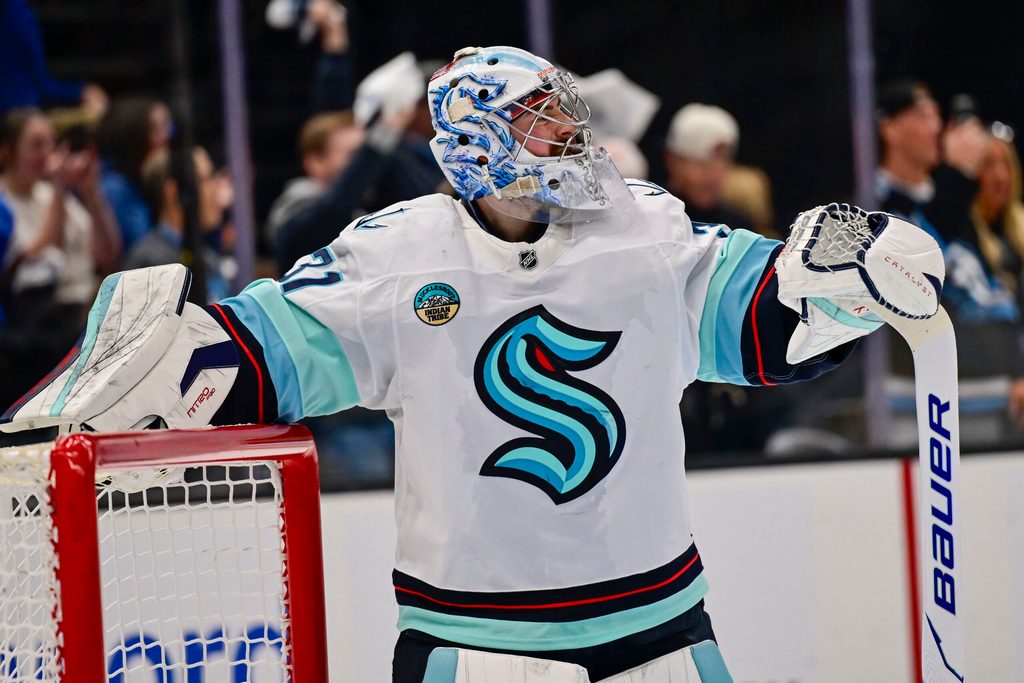 Jan 17, 2026; Salt Lake City, Utah, USA; Seattle Kraken goalie Philipp Grubauer (31) watches the replay of the goal scored on him during the second period by the Utah Mammoth at Delta Center. Mandatory Credit: Peter Creveling-Imagn Images