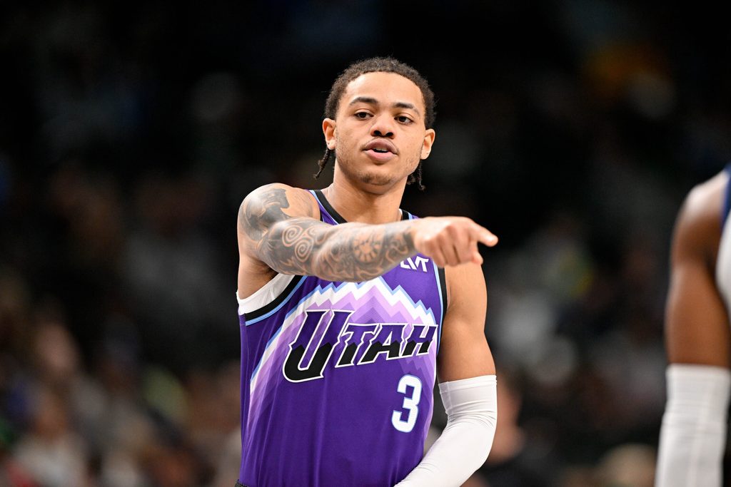 Jan 17, 2026; Dallas, Texas, USA; Utah Jazz guard Keyonte George (3) points to his teammate during the second half against the Dallas Mavericks at the American Airlines Center. Mandatory Credit: Jerome Miron-Imagn Images
